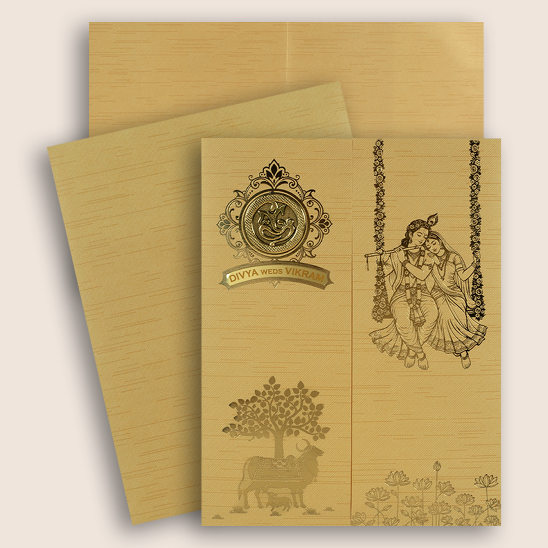 Yellow Lord Radha Krishna Floral Door Style Wedding Card - KNKR5038G