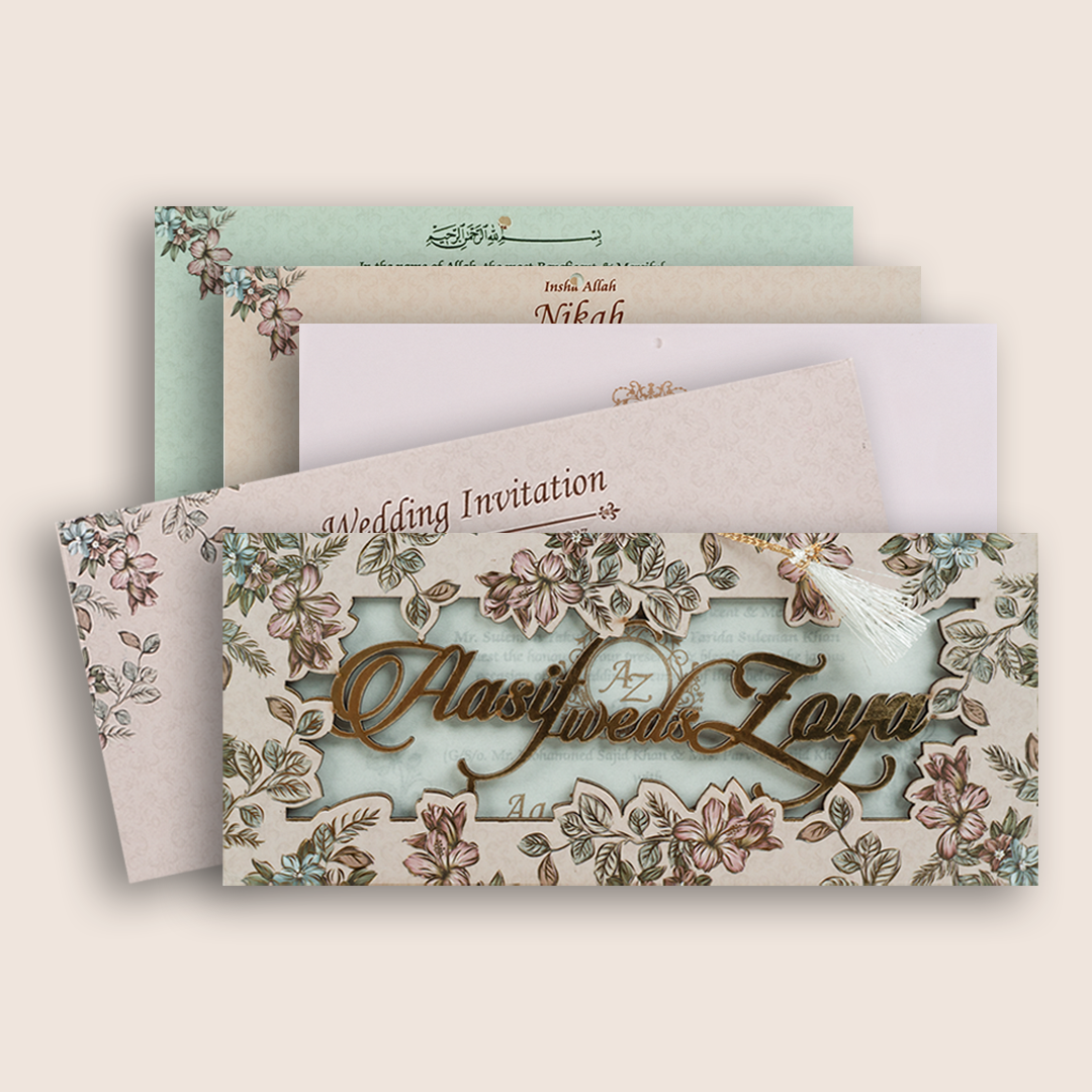 Light Pink Floral MDF Laser Cut Wedding Invitation Card - KVN07140