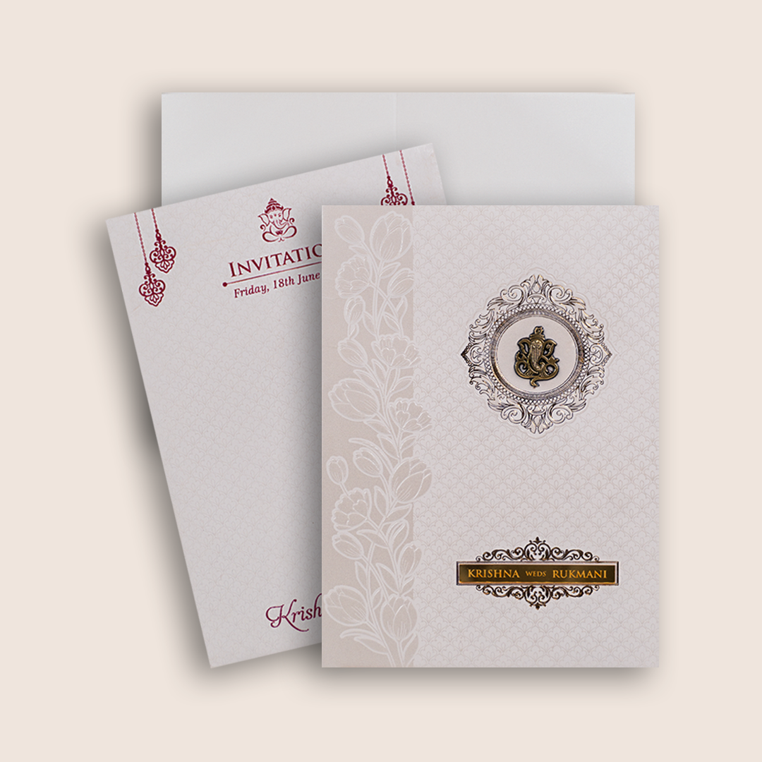 White Embossed Floral Wedding Invitation Card - KJTS1957