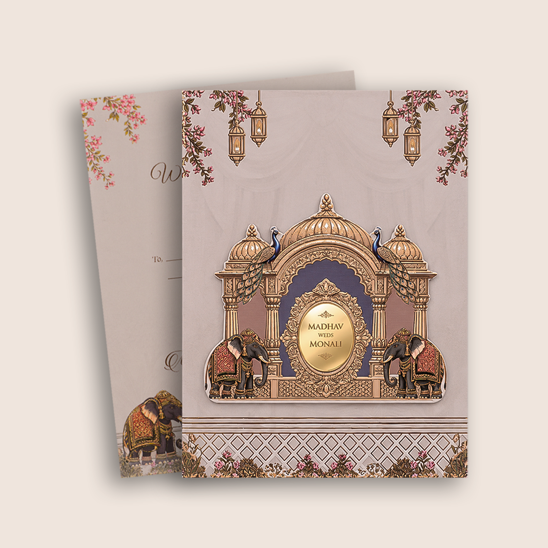 Peach Elephant Floral  Padded Wedding Card - KJTS3703