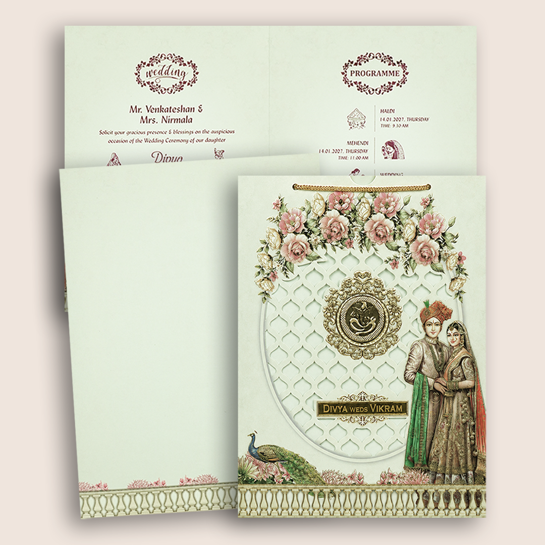 Pastel Green Laser-Cut Floral Bag Style Wedding Card - KNAS3108