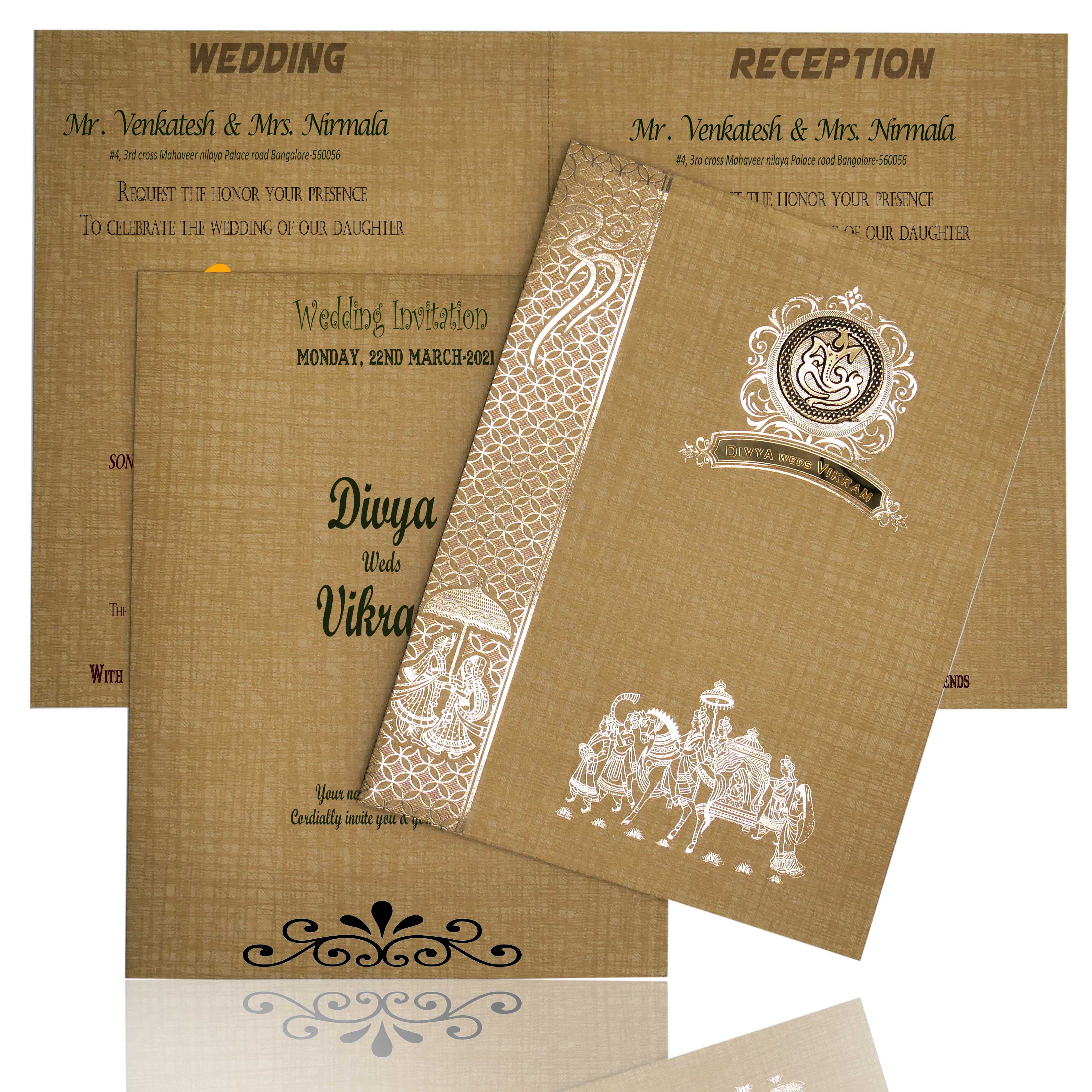 Brown Gold Jumbo Met Size Baraat Design Wedding Card-KNK50280