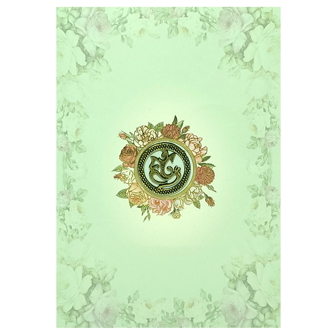Pastel Green Floral Offset Wedding Card With Ganesha Sticker-KNCP253G