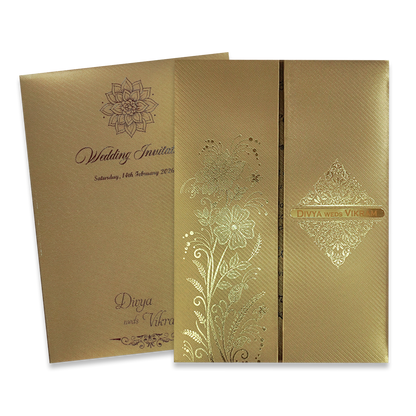 Gold Embossed Floral Padded Wedding Card-KNPM9513G