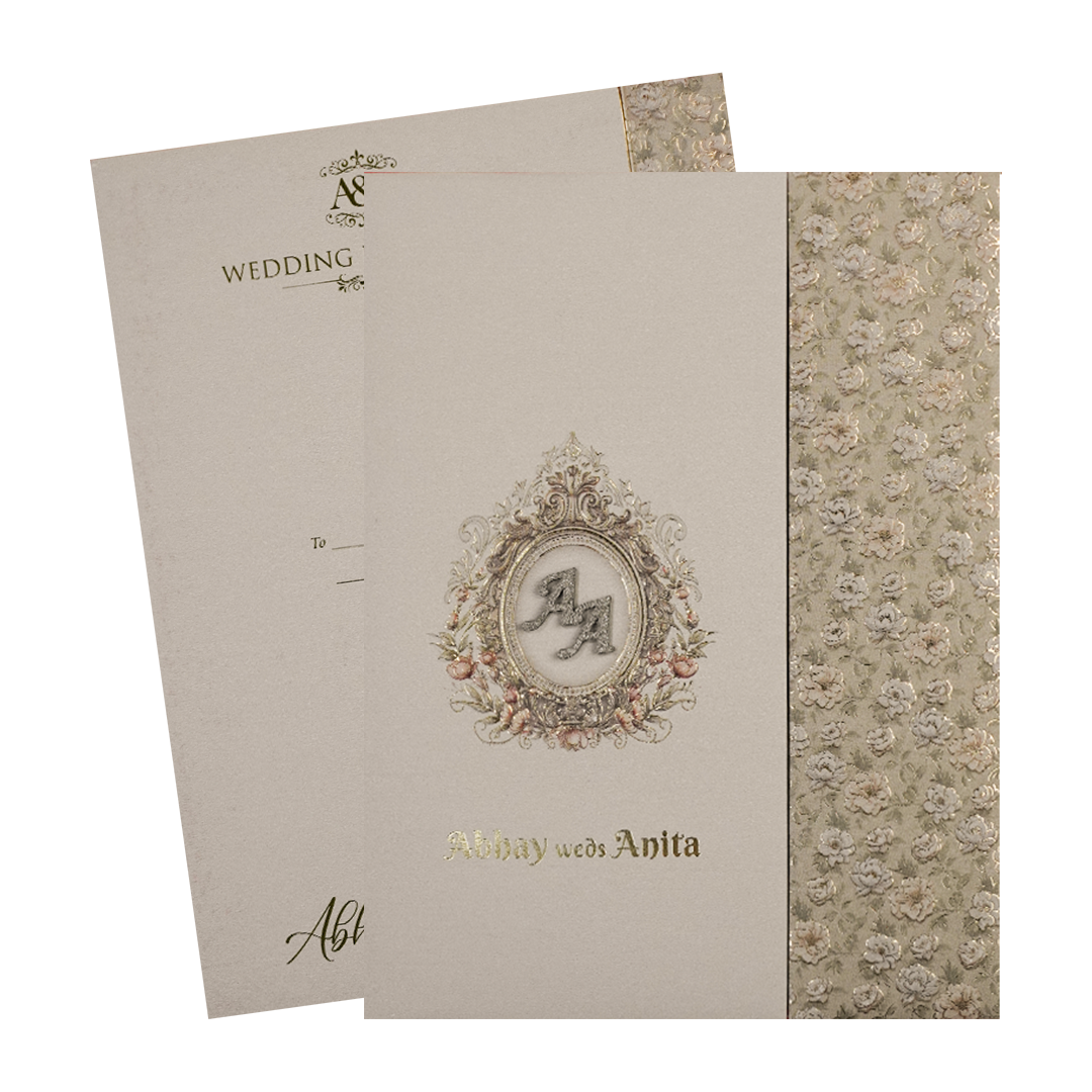 Grey Silver Floral Padded Wedding Card-KSI64240