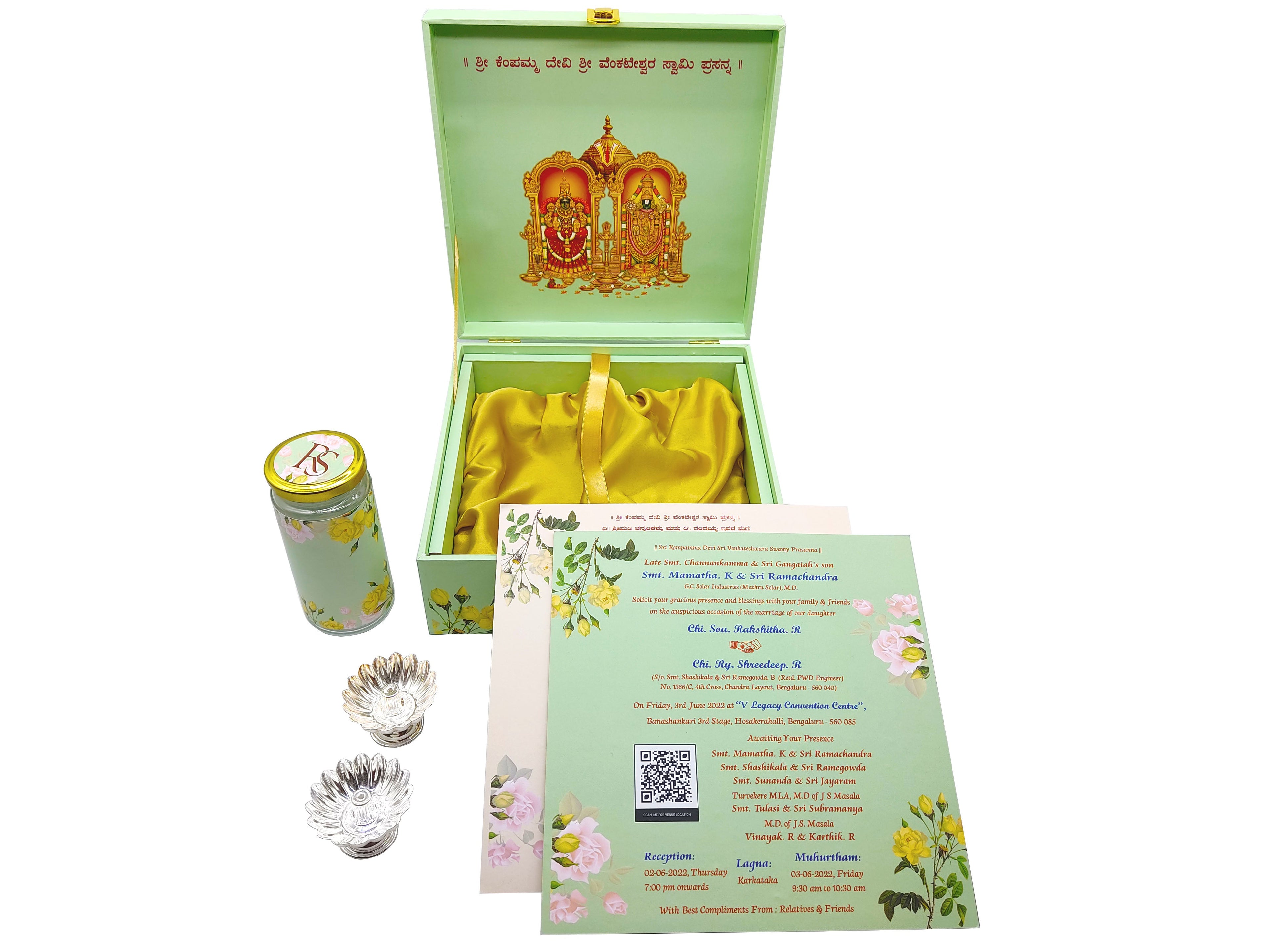 Our light green box invitation features a floral design in offset printing across the surface of this box with bride and groom wedding logo.