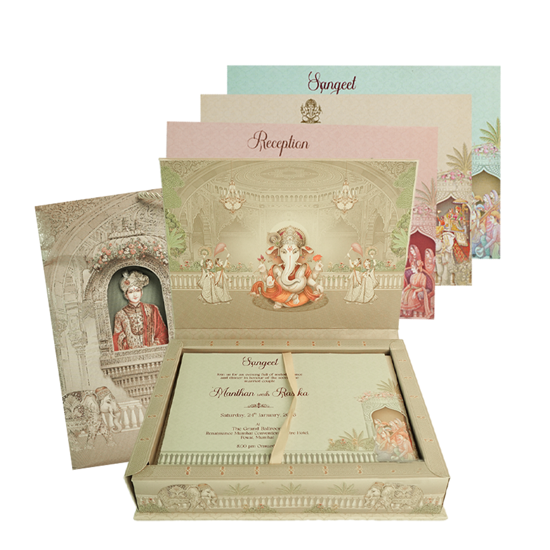 Cream Bride Groom Palace Wedding Invitation Box - KSI63960