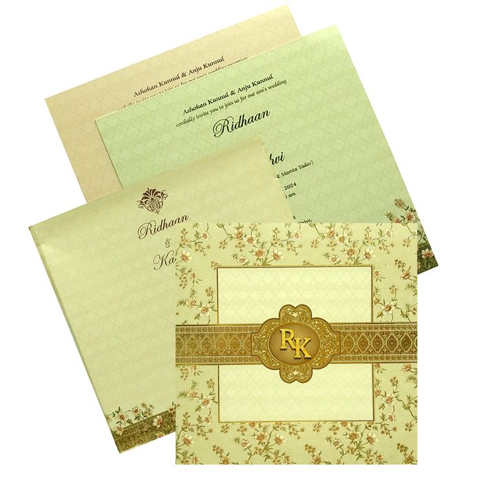 Selling Beige floral padded invitation card online. Buying invitation cards made easy with King of Cards! &amp;