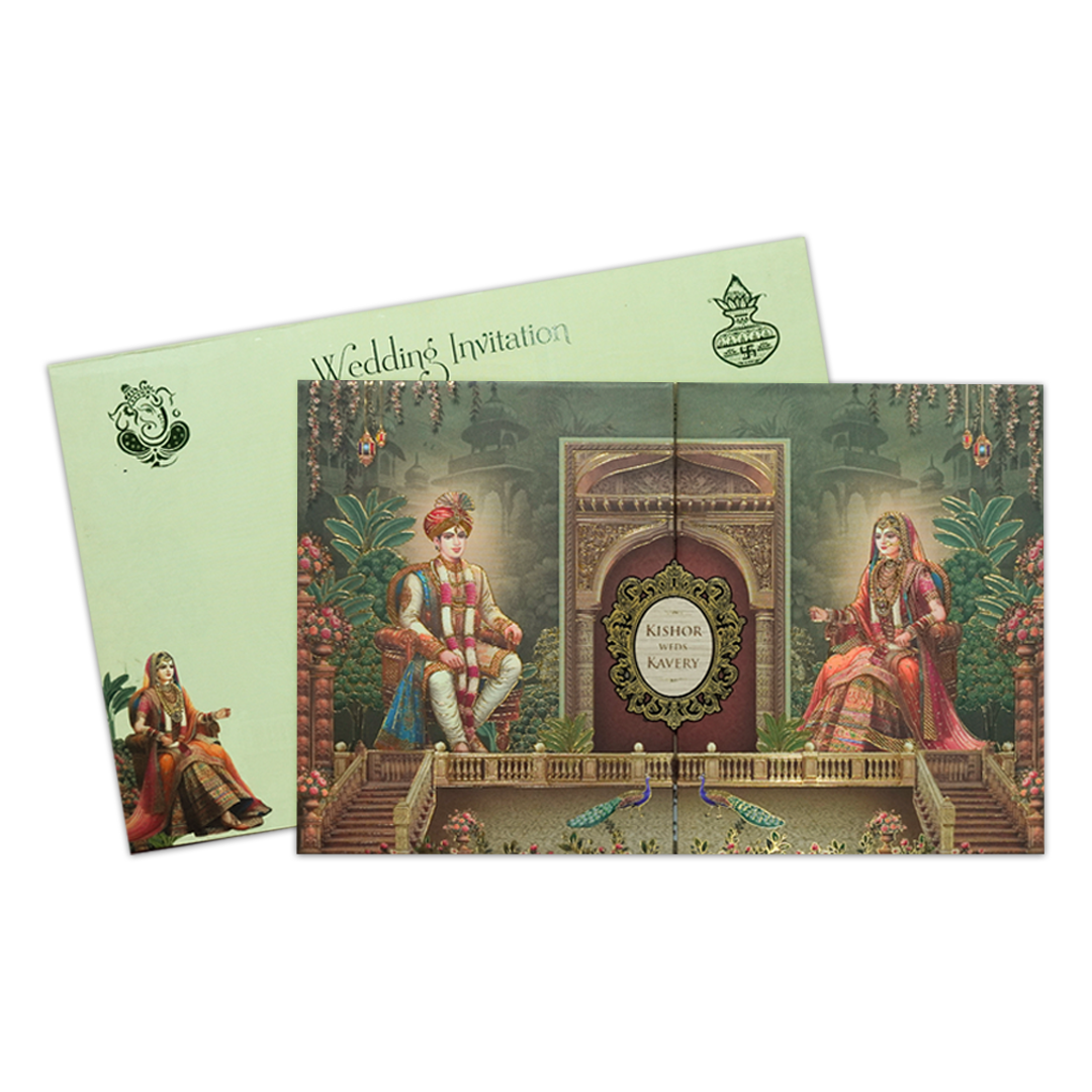 Green Royal Couple Padded Wedding Card-KSH72240