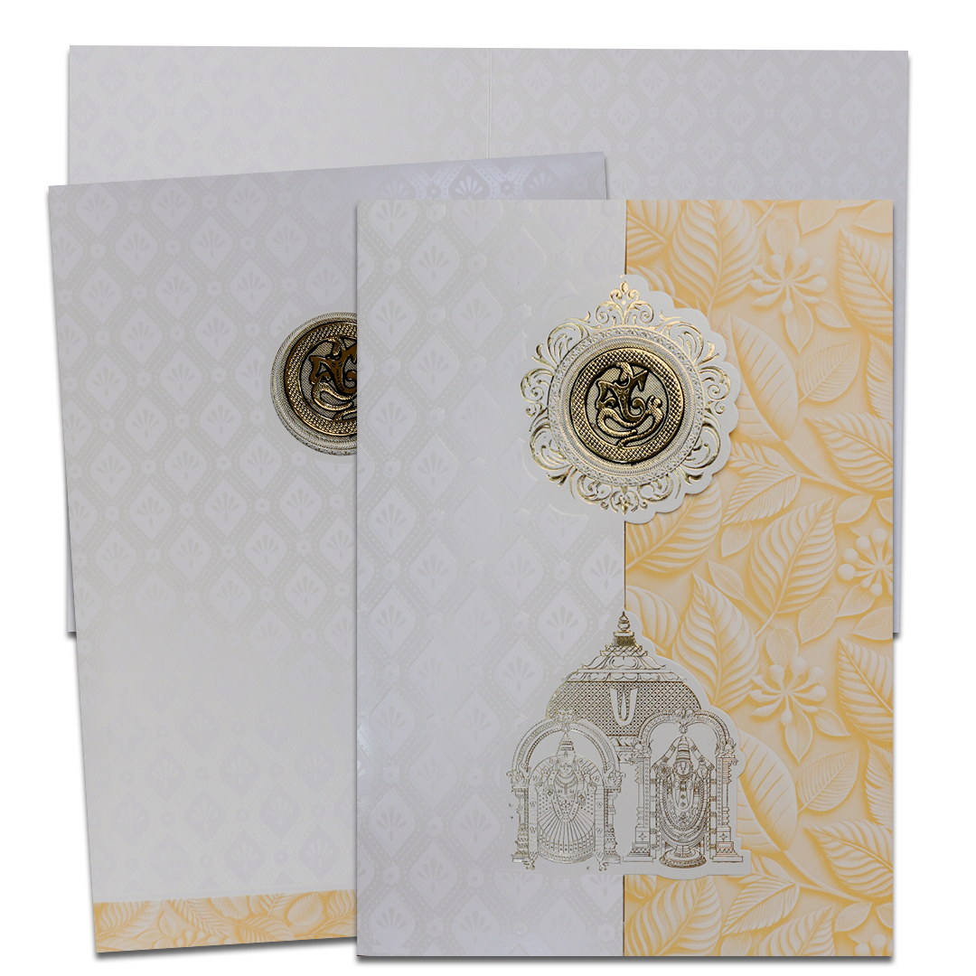 Checkout White Pastel Yellow Ganesha Temple Wedding Card at best price. ?WhatsApp Support ?Express Delivery.|King of cards.