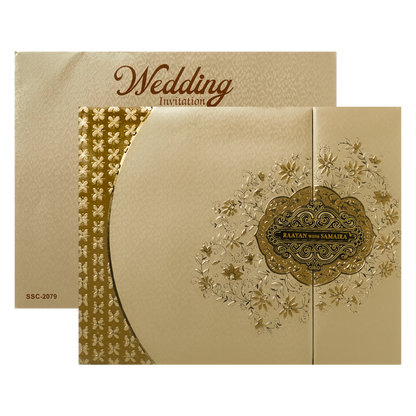 Check out Gold Floral Ornate Padded Wedding Card at best price. ✅WhatsApp Support ✅Express Delivery.|King of cards.