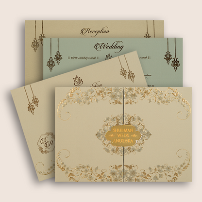 Beige Floral Padded Door Style Wedding Card - KRB09752