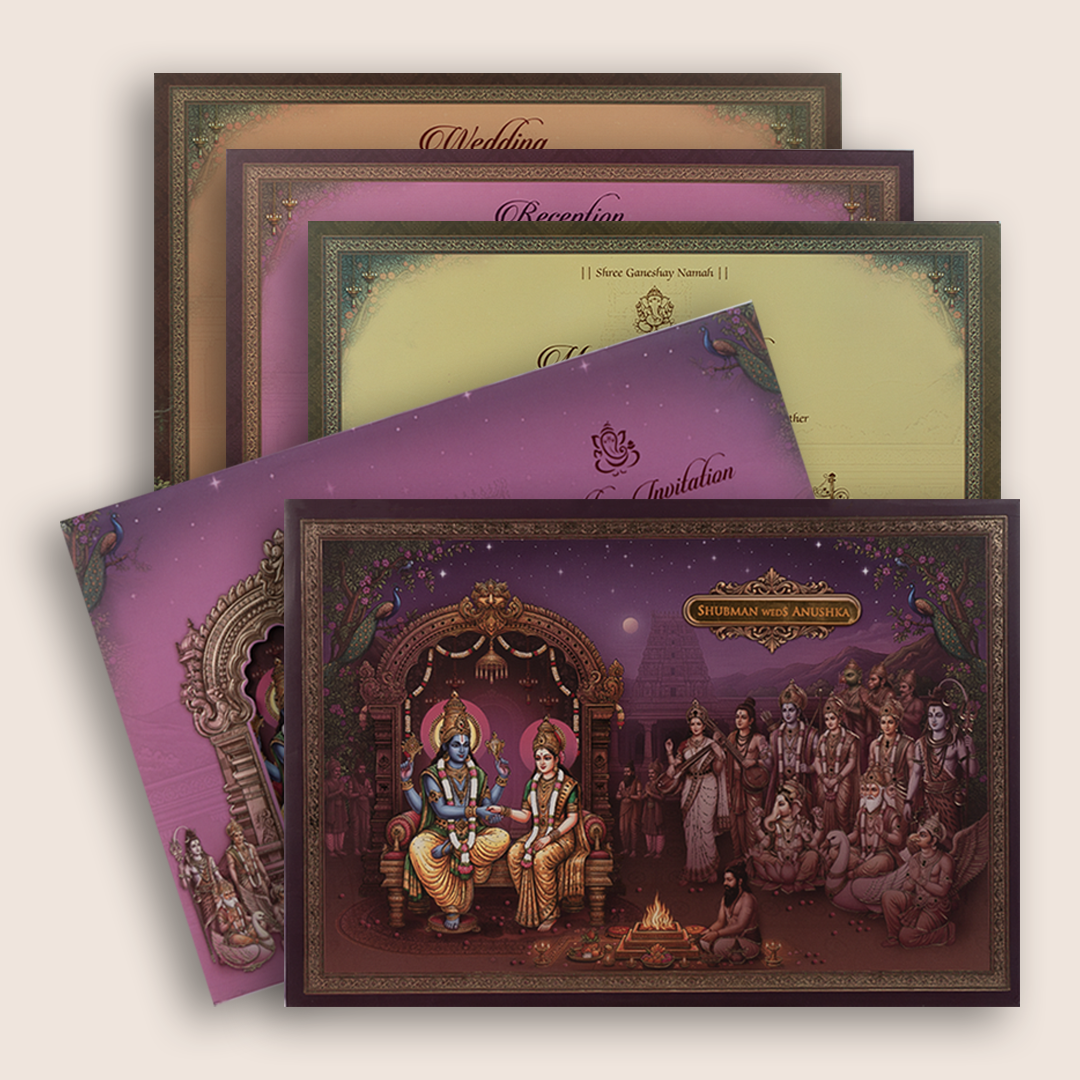 Purple Lord Lakshmi Narayan Padded Wedding Invitation Card - KRB10790