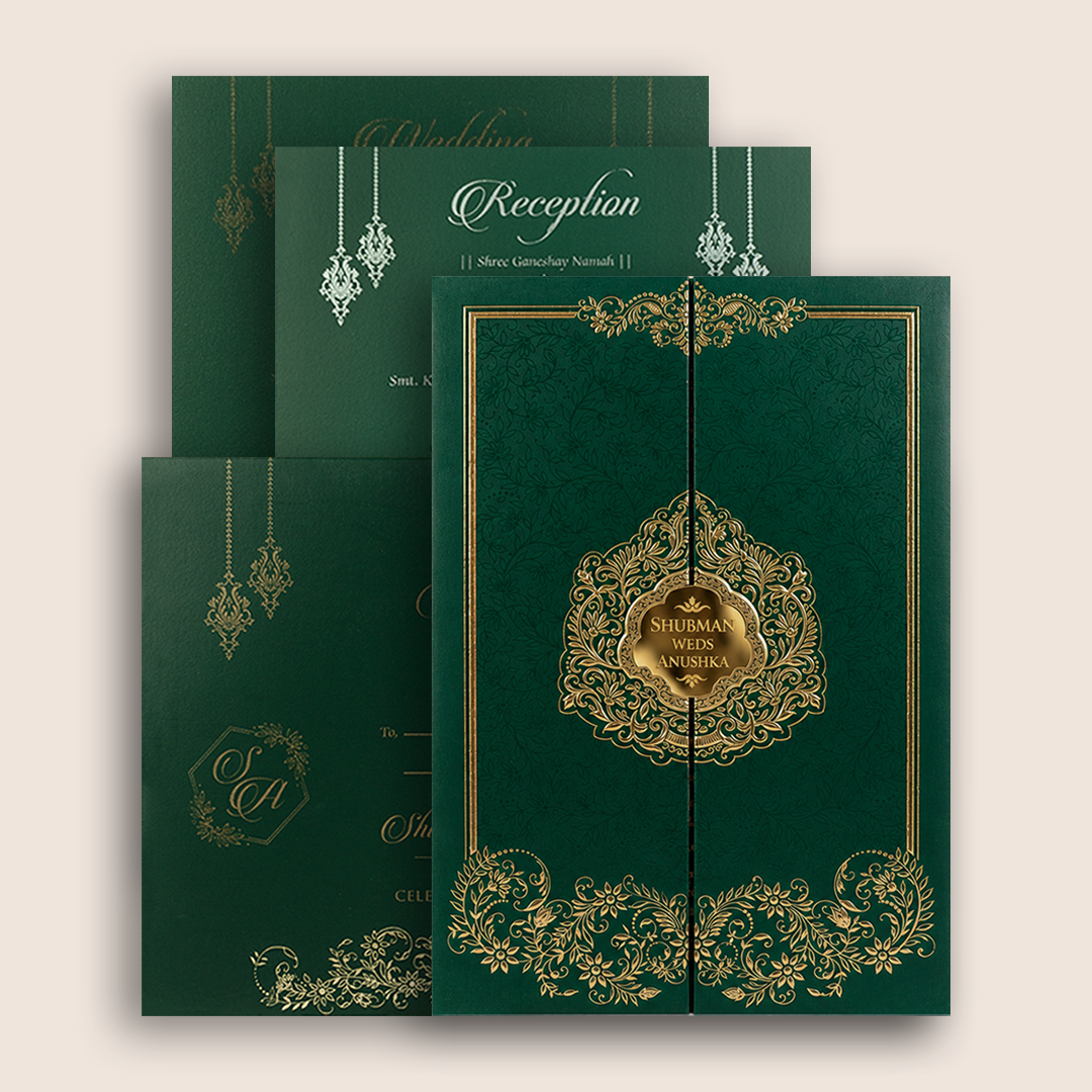 Green Embossed Floral Door Style Padded Wedding Card - KRB10400