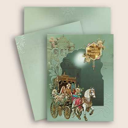 Teal Green Horse Chariot Bride Groom Wedding Card - KNKJ1164
