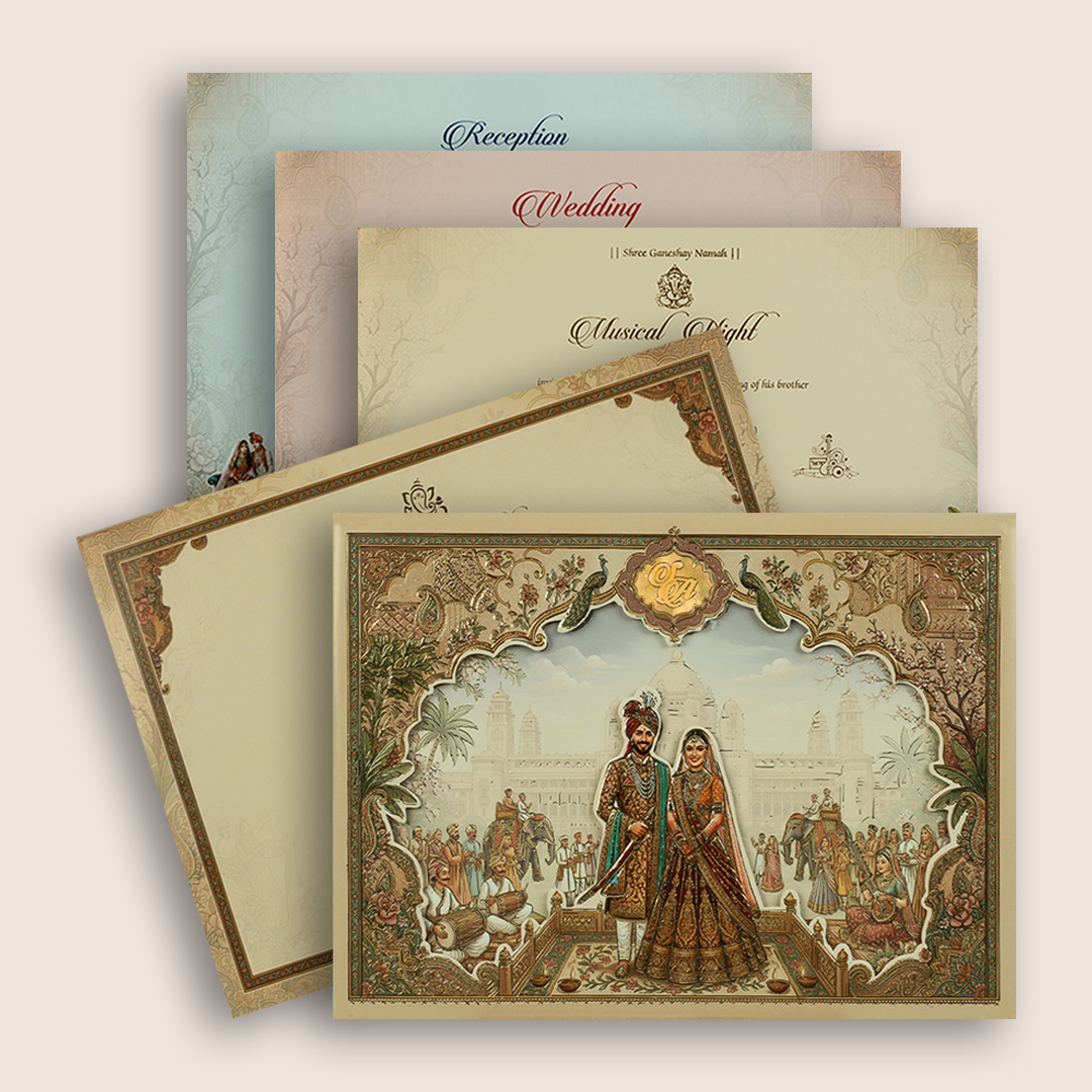 Beige Bride Groom Palace Laser Cut Padded Wedding Card - KRB10550