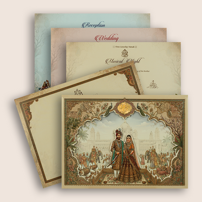 Beige Bride Groom Palace Laser Cut Padded Wedding Card - KRB10550