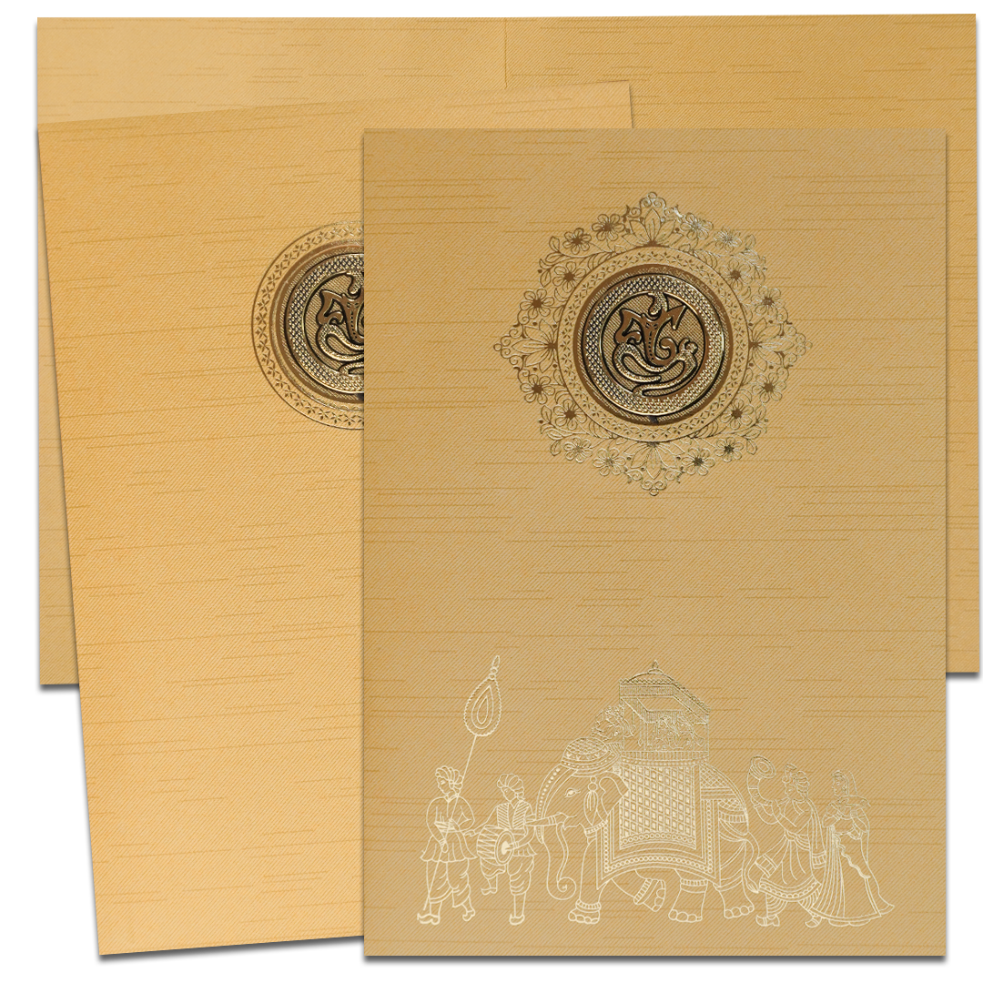 Gold Royal Baraat Elephant Wedding Card-KNKR039GL