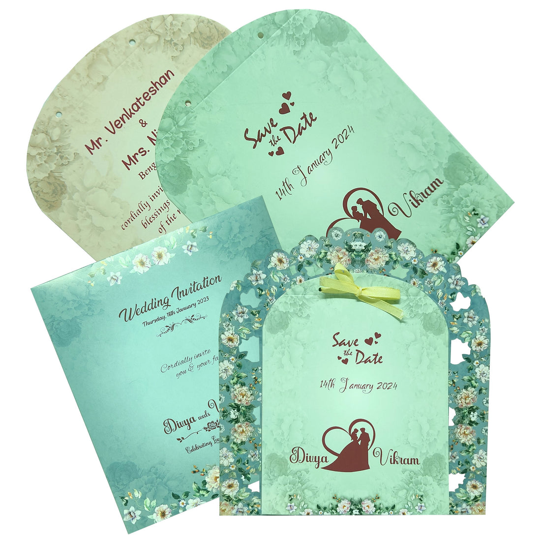 Blue Floral MDF Laser Cut Invitation Card-KNKA8062