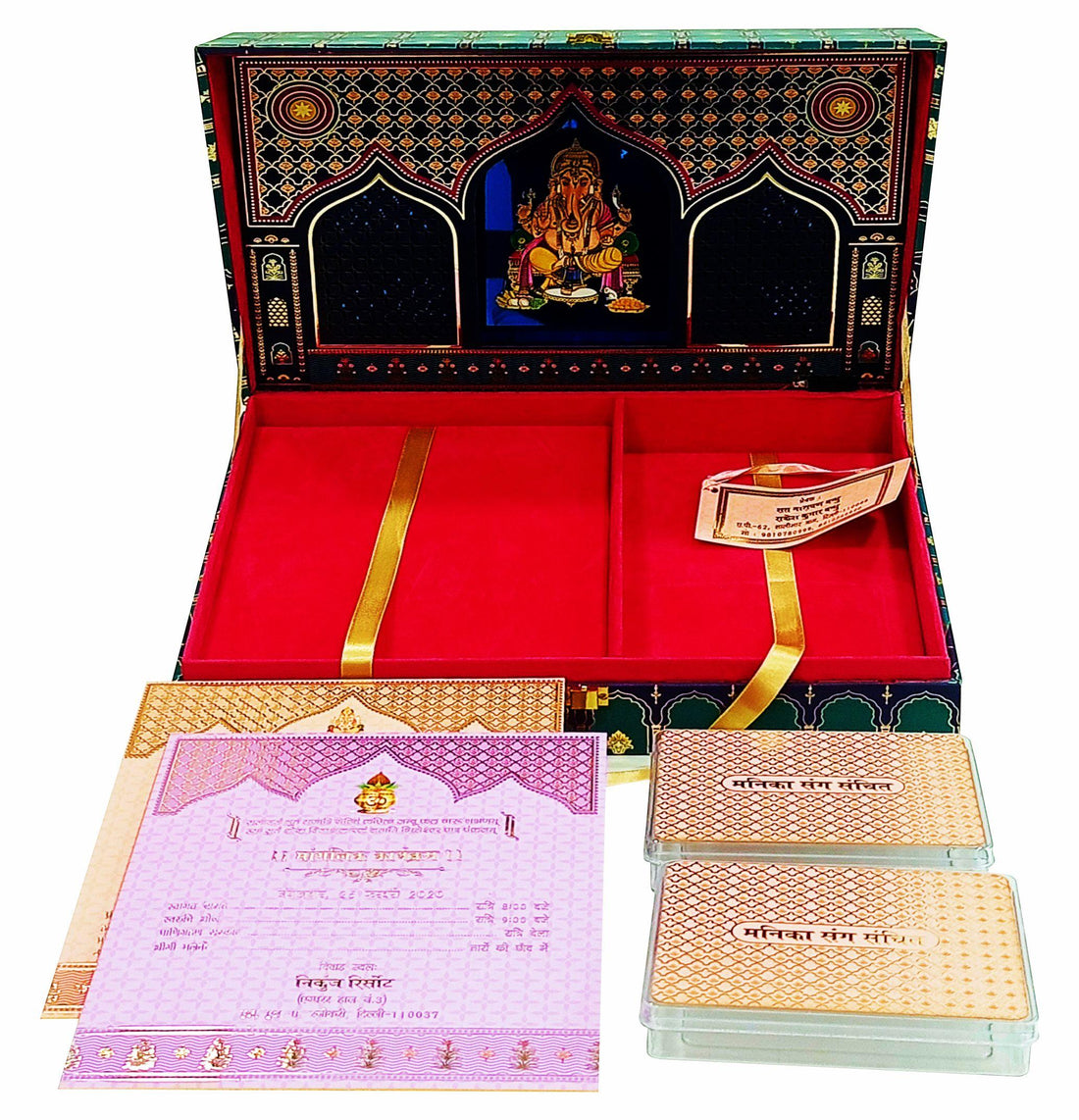 Luxury wedding invitations are designed to reflect your style and vision for your special day. This invite features green floral monarchical design across the premium box.