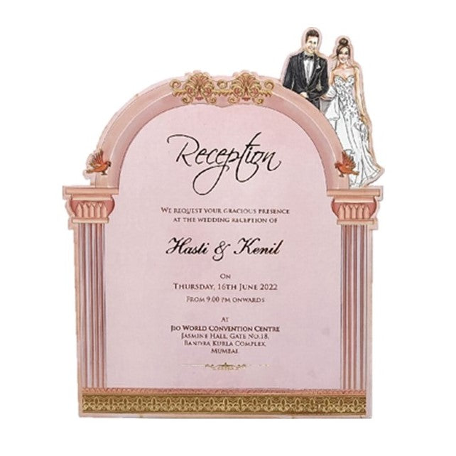 Pink Ultra Premium Laser Cut Bride And Groom Wedding Card-KNKUP047