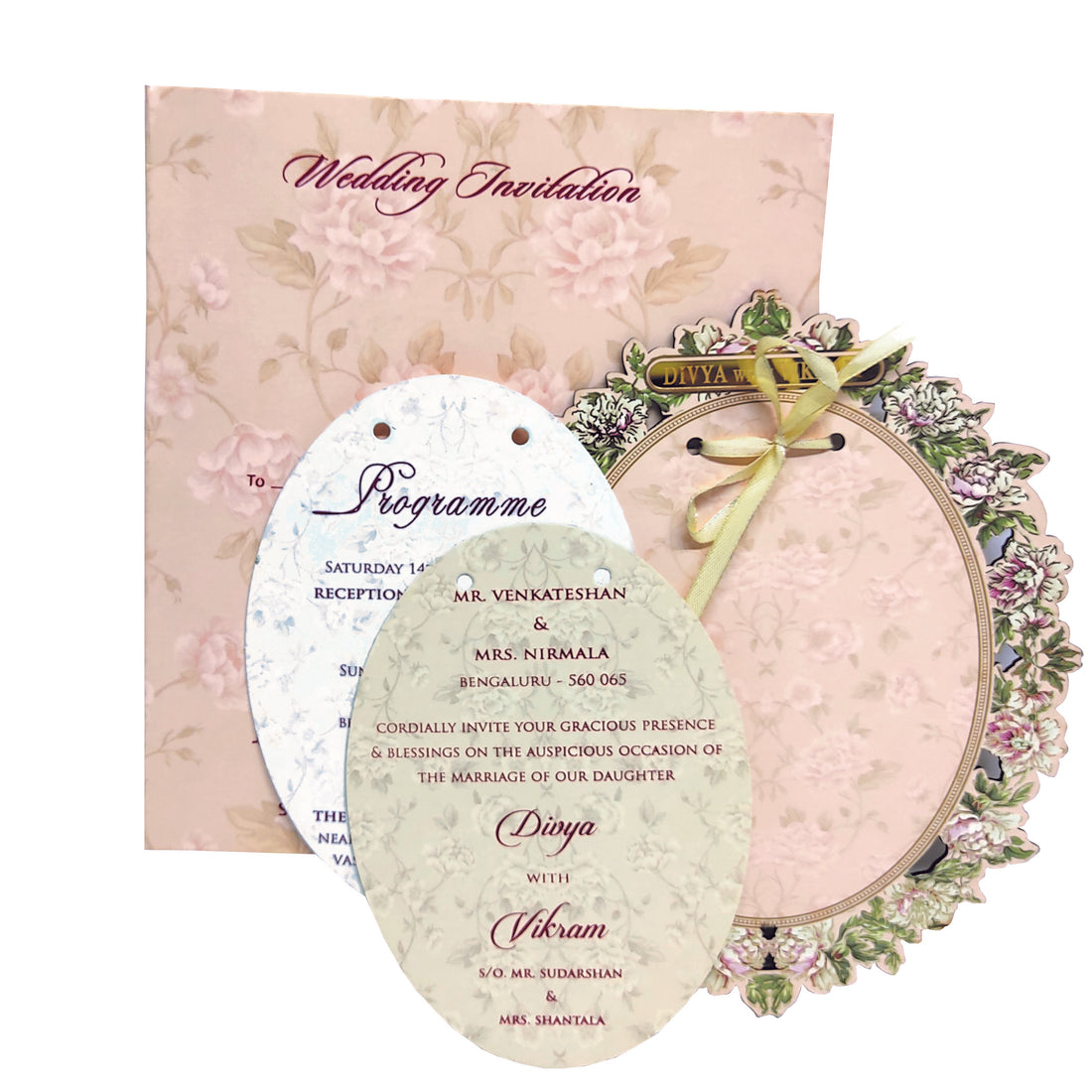 Peach Floral Laser Cut Oval MDF Board Wedding Card-KNKA8060