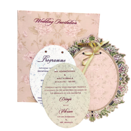 Peach Floral Laser Cut Oval MDF Board Wedding Card-KNKA8060