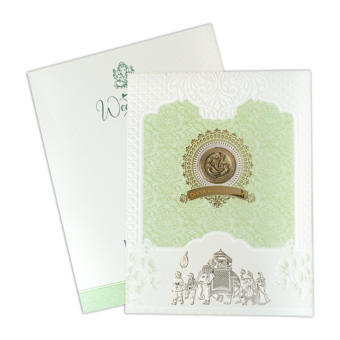 Green Embossed Procession Padded Wedding Card-KNMS9309