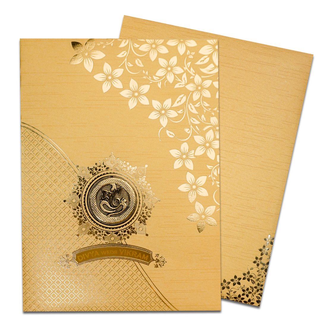 Yellow Gold Floral Ganesha Wedding Card-KNRM7082G