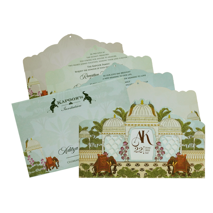 Blue Floral Arch Laser Cut Marriage Invitation-King of Cards