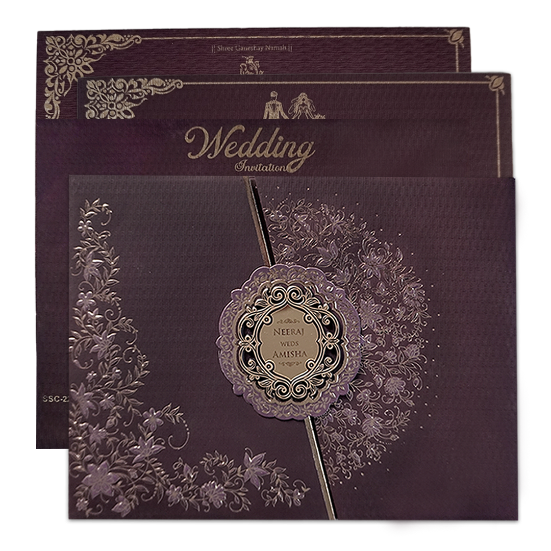 Check out Purple Floral Gold Padded Wedding Card at best price. ?WhatsApp Support ?Express Delivery.|King of cards.