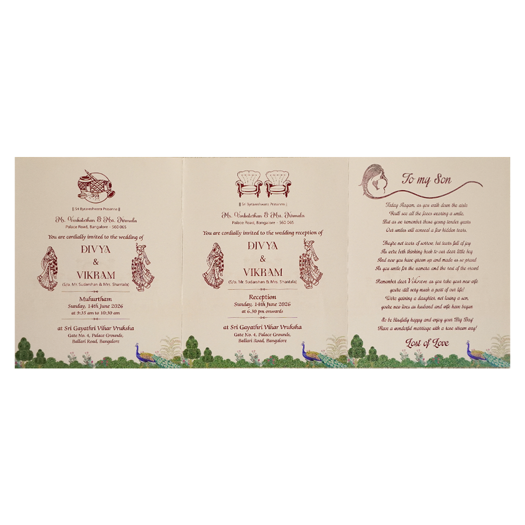 Cream Ganesha Peacock Wedding Bag Card-KNKQ8307