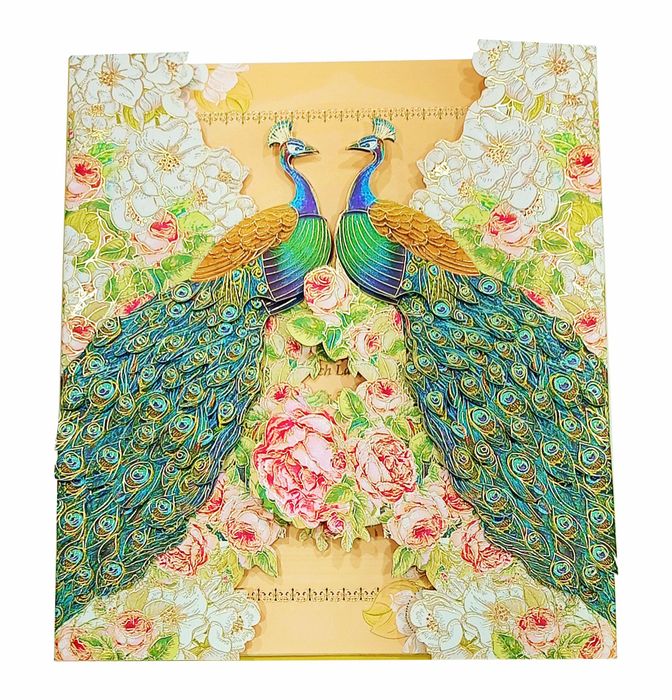 Pink Roses And Colourful Peacocks Ultra Premium Wedding Card-KNKUP033-King of Cards