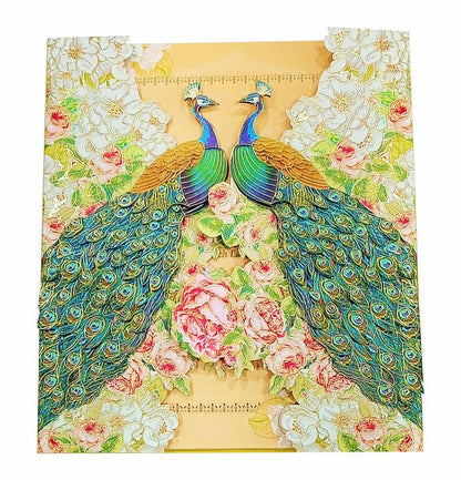 Pink Roses And Colourful Peacocks Ultra Premium Wedding Card-KNKUP033-King of Cards
