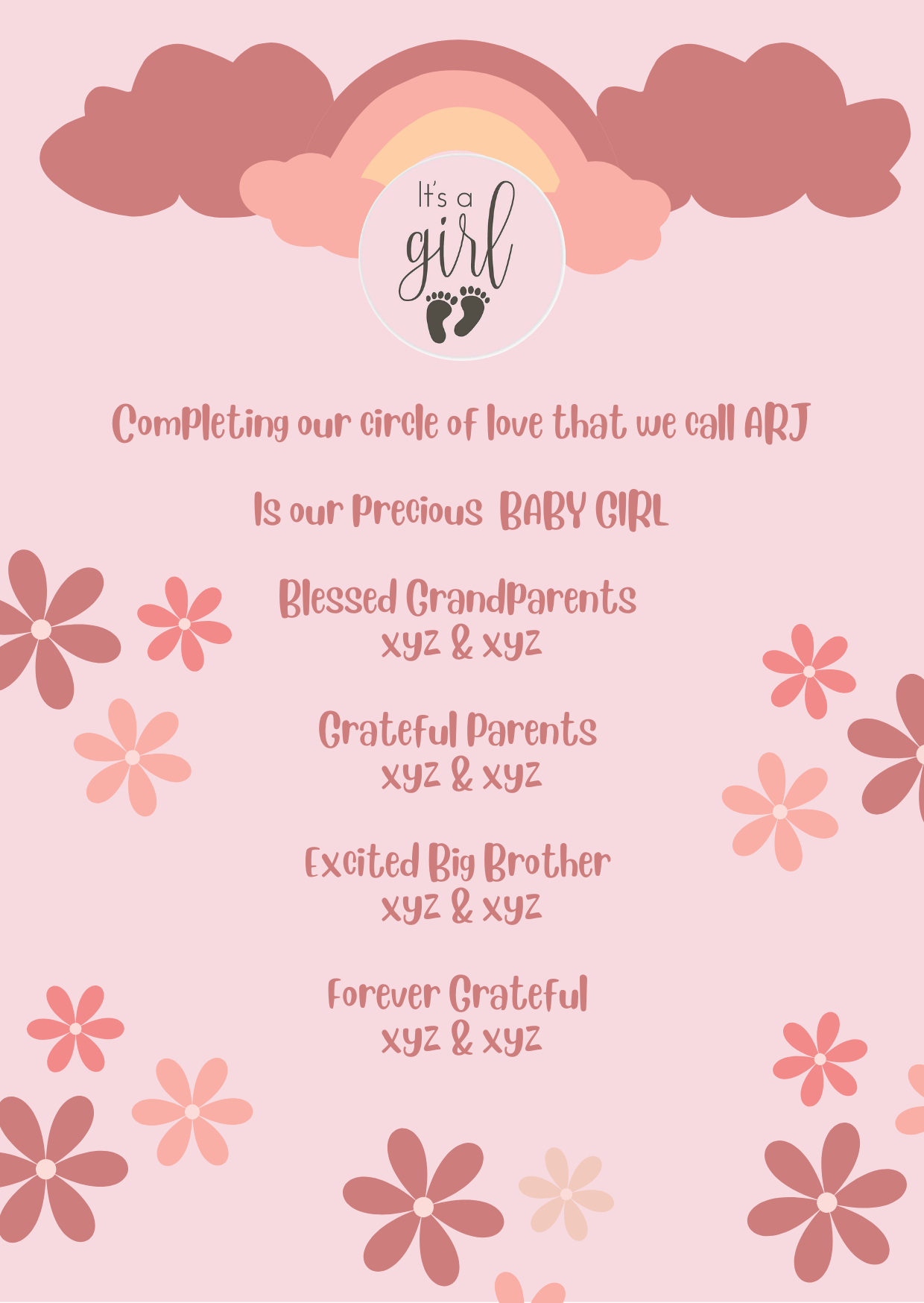 Pink Floral Baby Birth Announcement Invitation-King of Cards