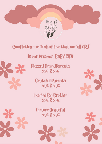 Pink Floral Baby Birth Announcement Invitation-AABBA004
