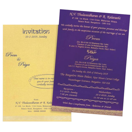 Sparkling Violet Shading With Golden Border Wedding Card | King of Cards