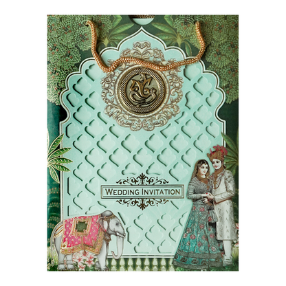 Regal Green Ganesha Wedding Card-KNAV1802