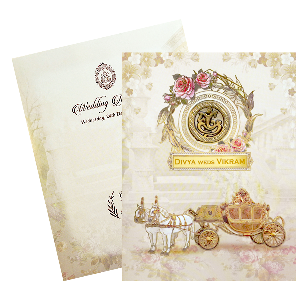 Cream Chariot Nameplate Wedding Card-KNKC4070