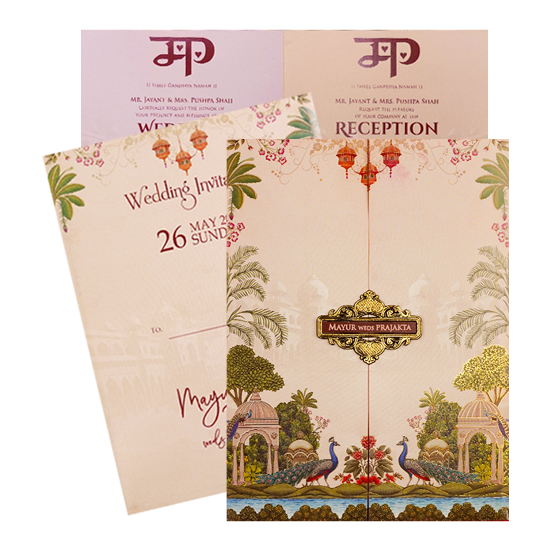 Check out Pink Peacock Garden Wedding Card at best price.✅WhatsApp Support ✅Express Delivery.|King of cards.