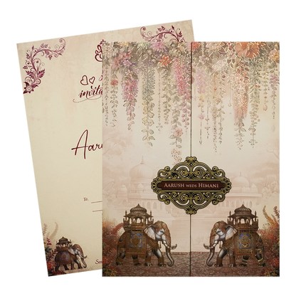 Cream Floral Elephant Padded Wedding Card-KSH72420