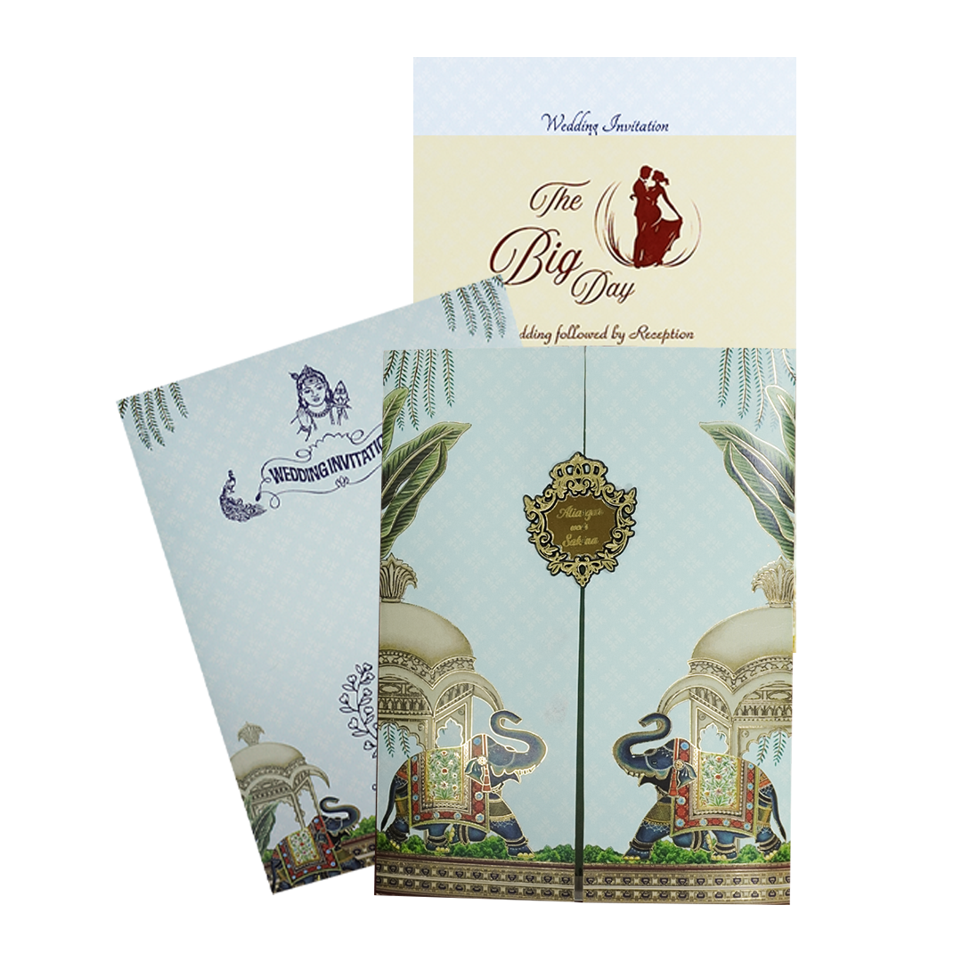 Regal Blue Elephant Gatefold Wedding Card-KNKC4089