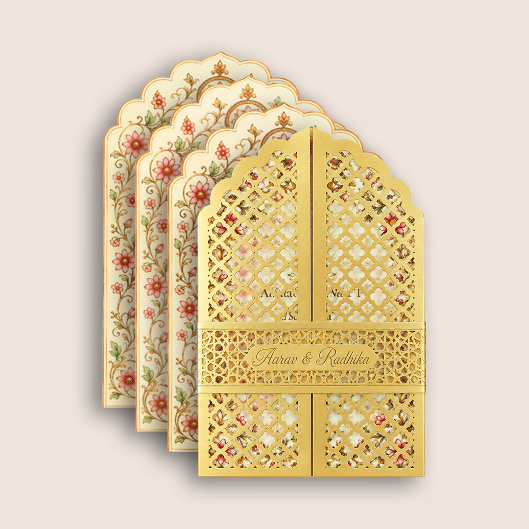 Cream MDF Floral Book Style Luxury Wedding Invitation - KNLW202574