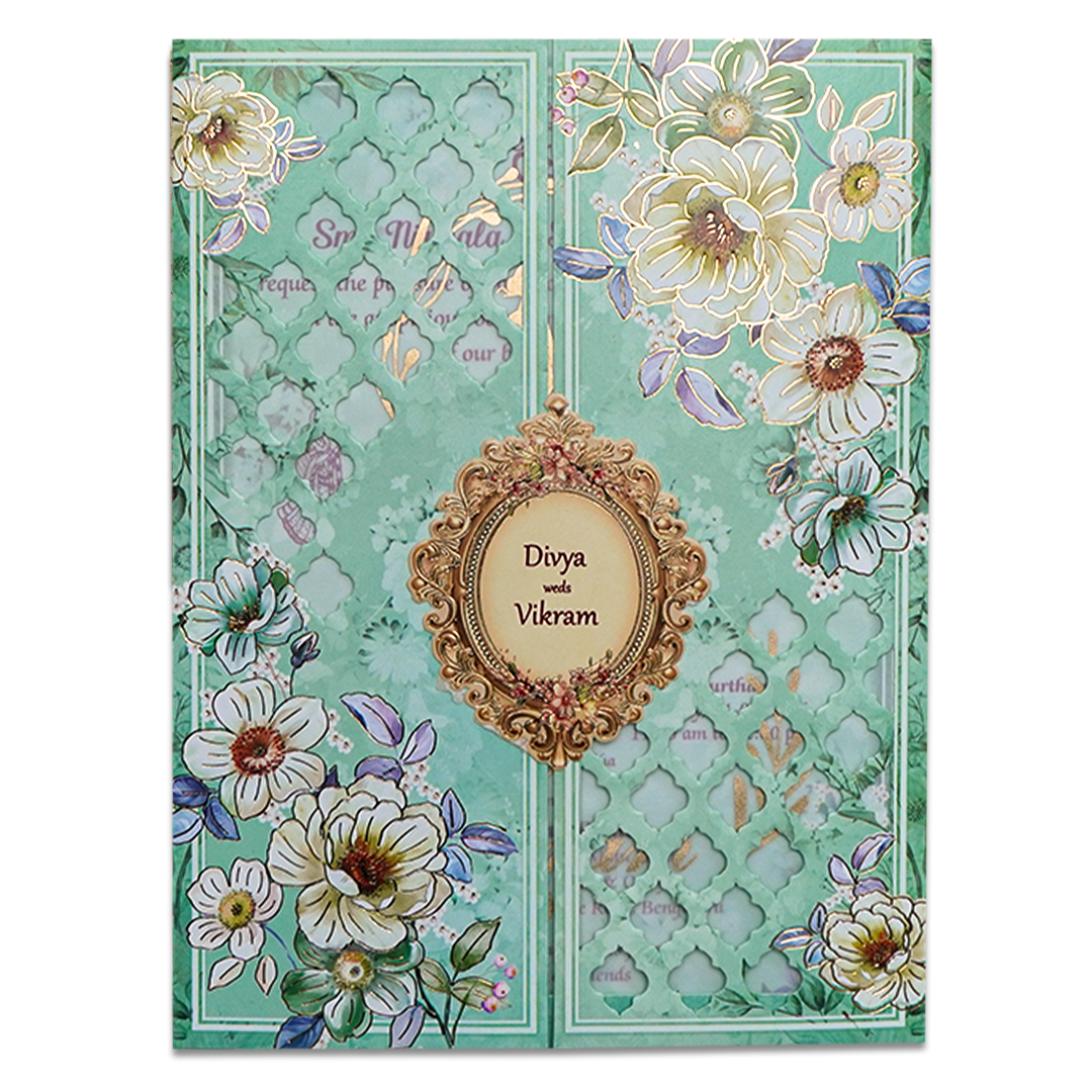 Mint Green Floral Laser Cut Wedding Card-KNNO7401