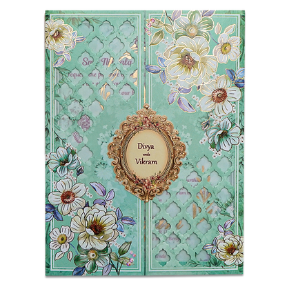 Mint Green Floral Laser Cut Wedding Card-KNNO7401