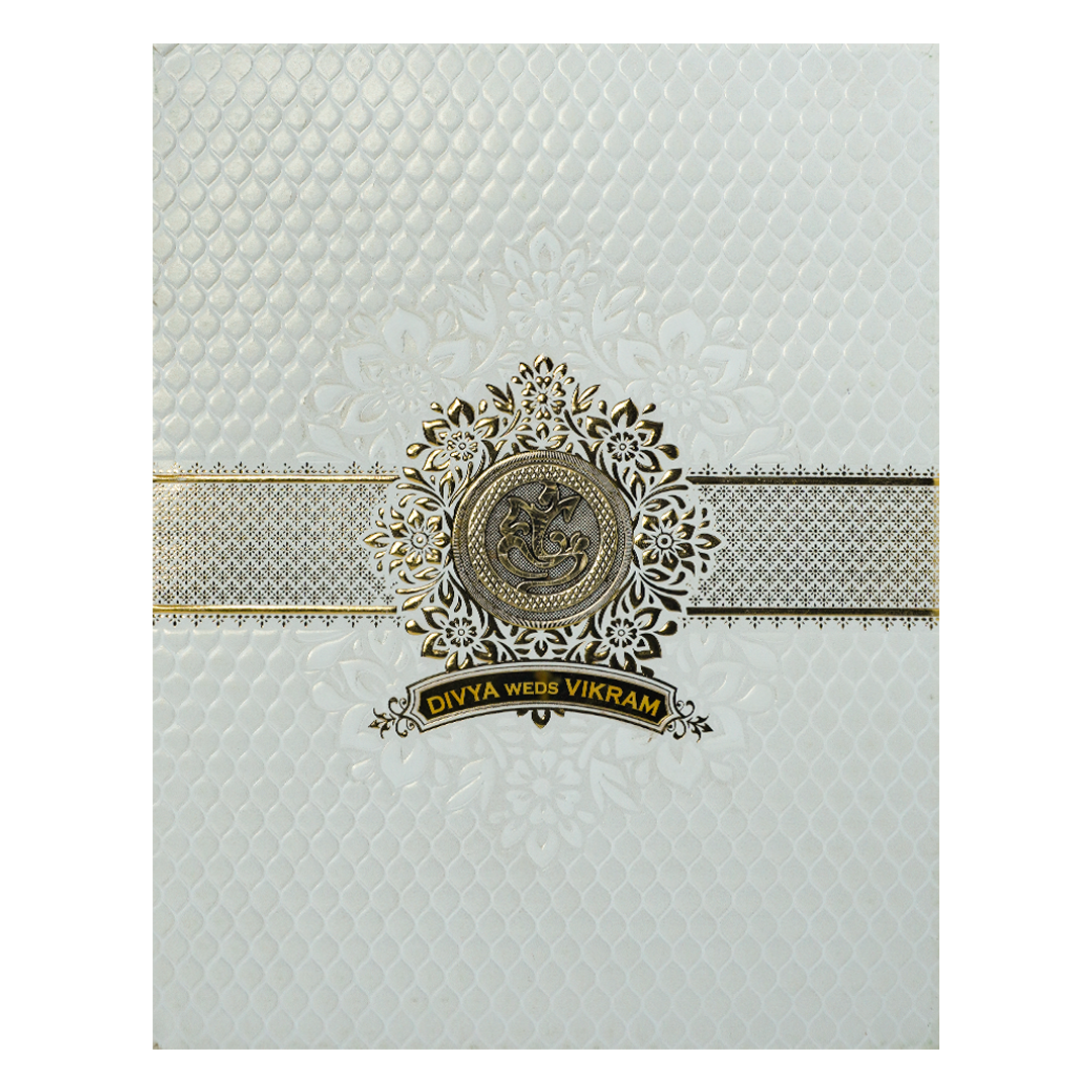 White Textured Floral Band Wedding Card-KNCS8516W
