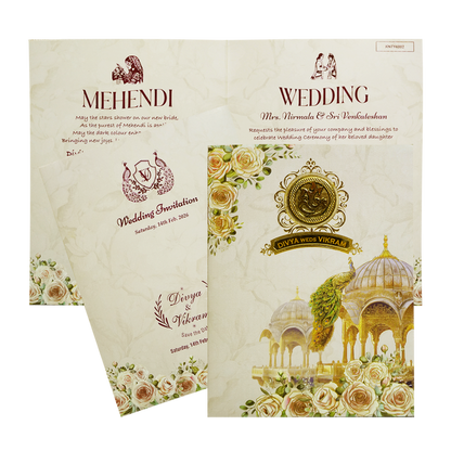 Ivory Traditional Peacock Nameplate Invitation Card-King of Cards