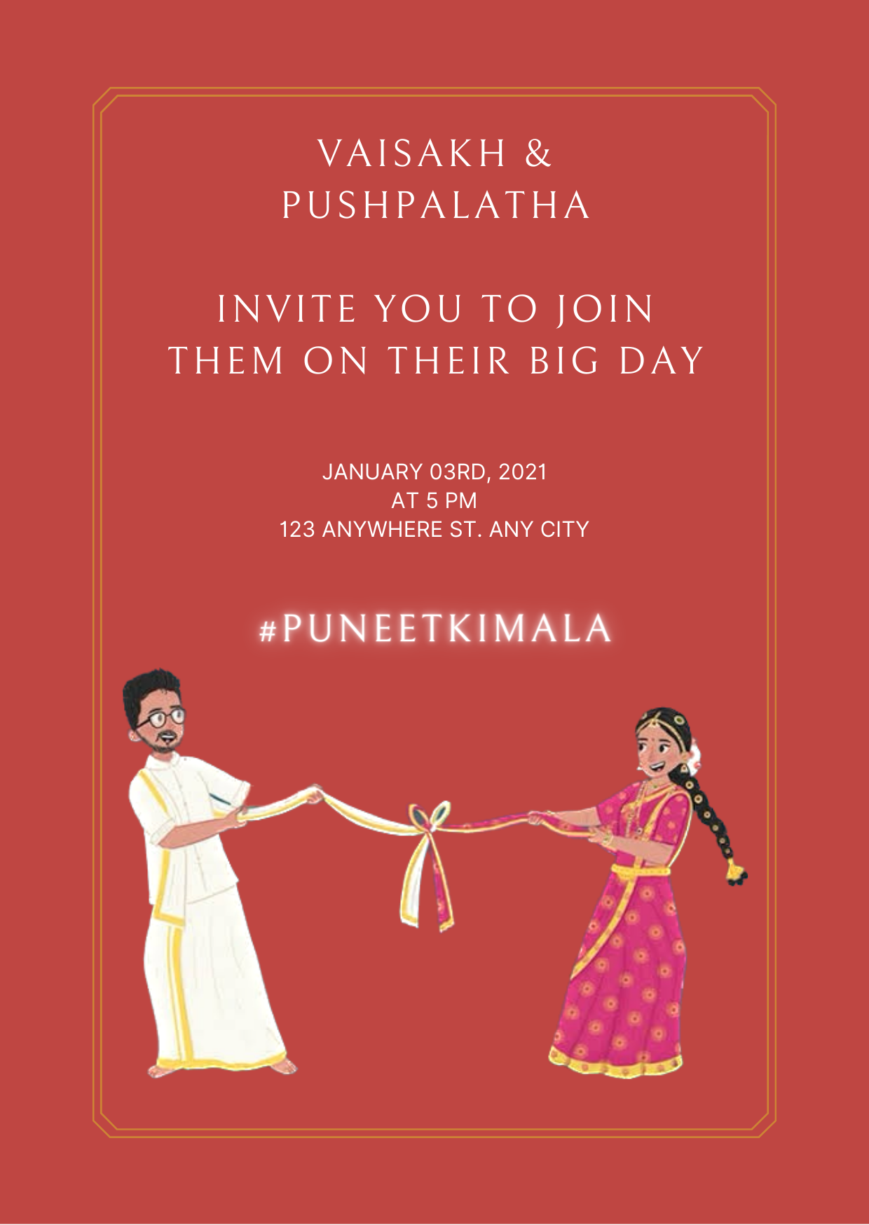 Red Cute Couple South Indian Wedding Invitation-AASIW001