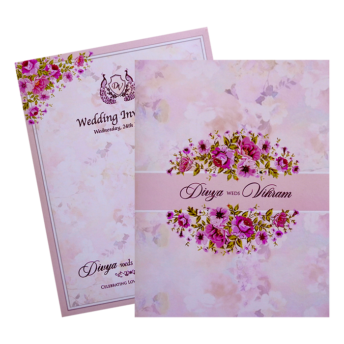 Rose Color Classic Floral Offset Wedding Card-KNKC4032-King of Cards