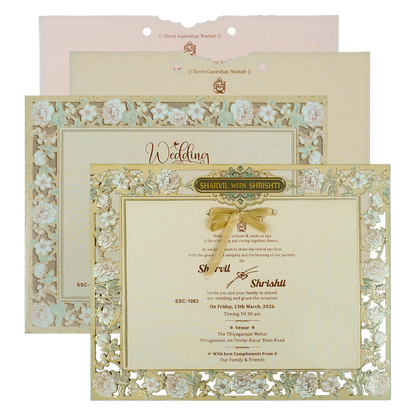 Check out Cream Floral Laser Cut Wedding Card at best price.✅WhatsApp Support ✅Express Delivery.|King of cards.